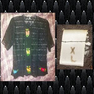 Black/Multicolor Sheer Lace Kimono Cover-Up/Cardigan w/Floral Embroidery Sz XL